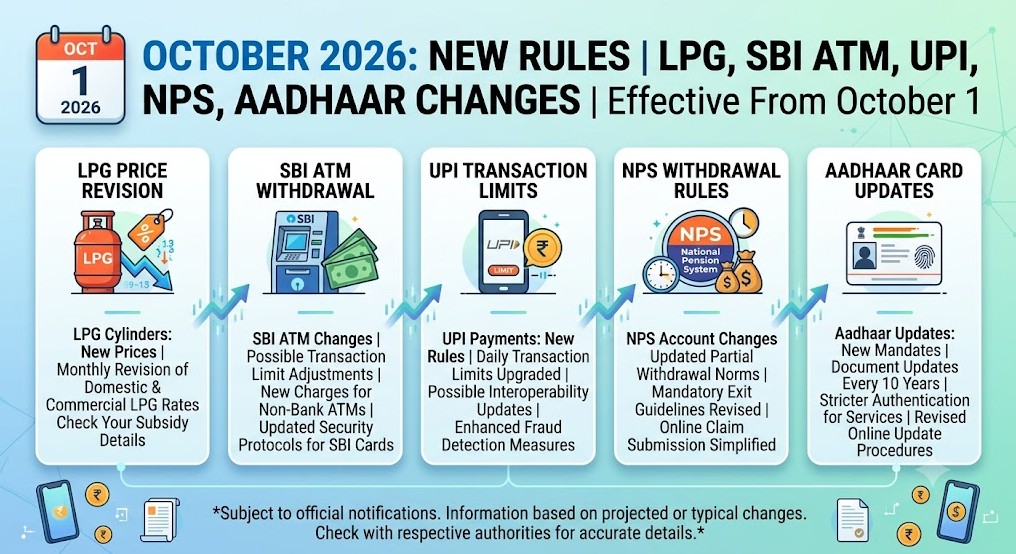 October 2026 New Rules: LPG, SBI ATM, UPI, NPS and Aadhaar Changes From October 1